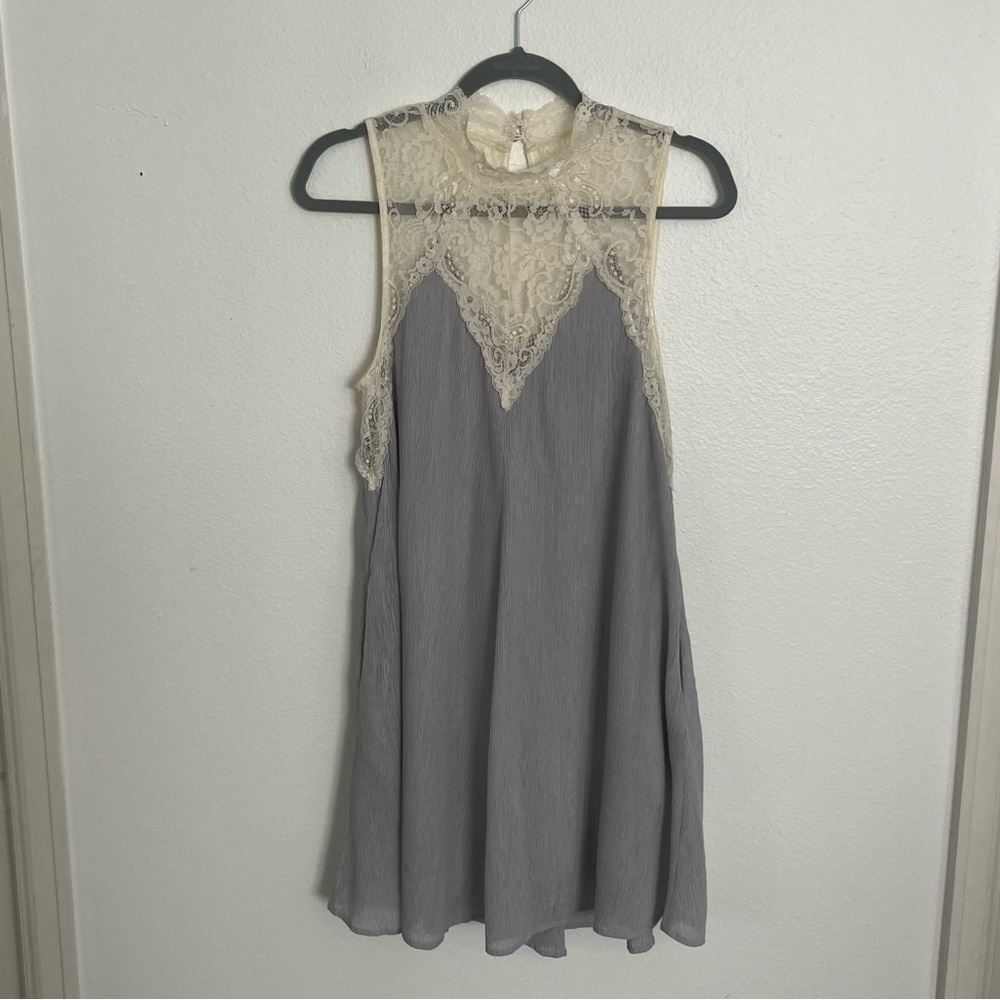 Altar’d State | Sheer Lace Mini Shift Dress w/ Pockets, Cream Grey, size S